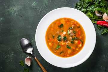 Traditional Hungarian goulash soup on the table.