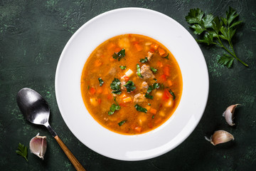 Traditional Hungarian goulash soup on the table.