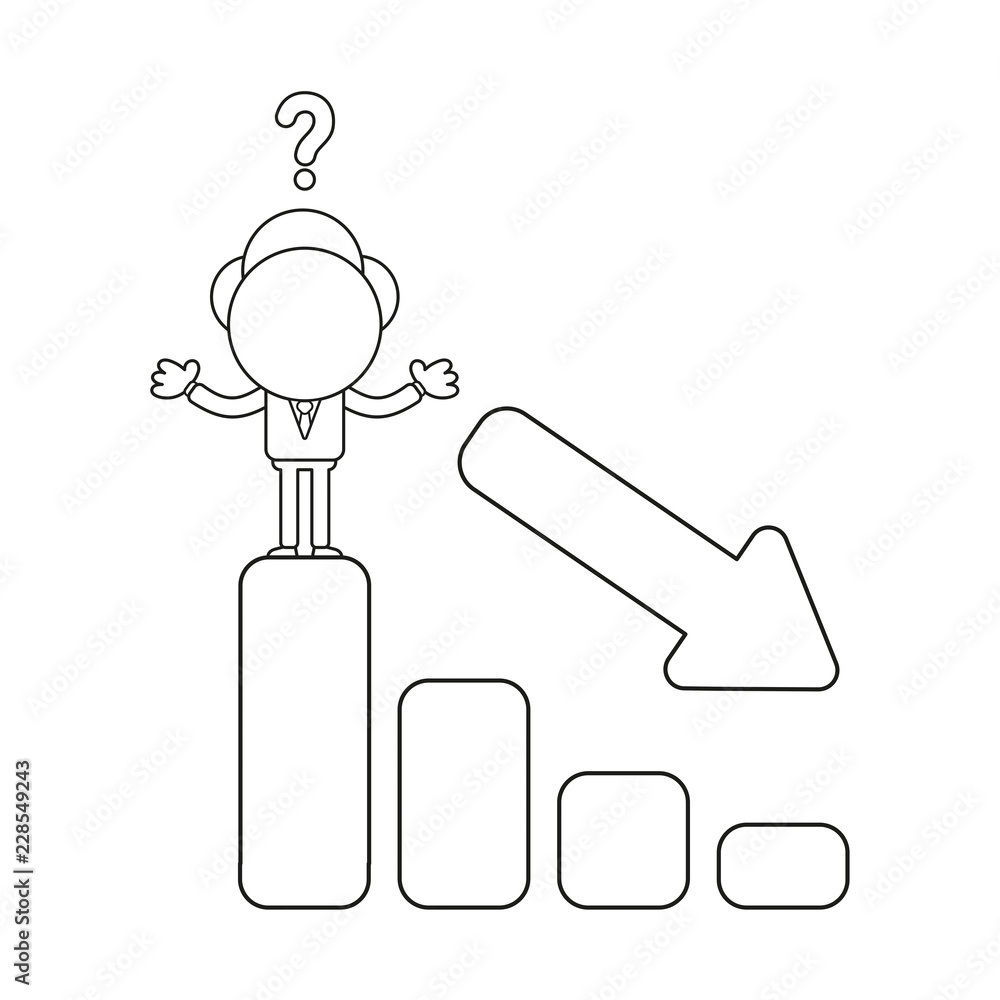 Poster vector illustration of businessman character standing on top of sales bar graph moving down and conf