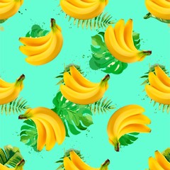 Seamless pattern with tropical palm leaves and bananas. Vector illustration.