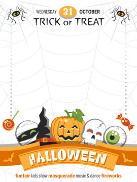 Colorful poster for Halloween Party with funny cartoon characters. Place for your text message. Flat design. Vector illustration.