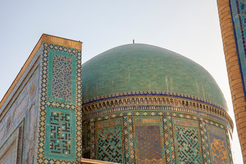 Mosaic tiles and blue dome at the Shah-i-Zinda Ensemble, Samarkand, Uzbekistan