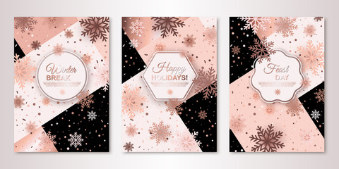 Happy Holidays, Winter Break, Feast Day posters set with falling nude snowflakes. Frames with place for text on trendy geometric backdrop. Winter template design for invitations, vouchers