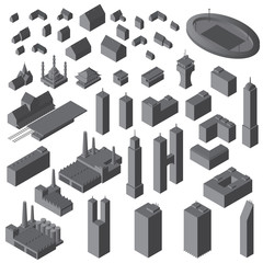 Isometric buildings set. Vector simple buildings set.