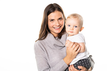A mother holdng his baby on studio white background