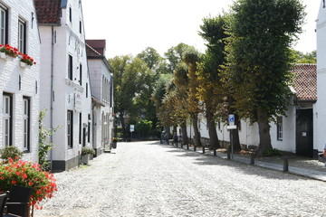 witte huizen aan keienstraatje met bomen en bloembakken in het plaatsje Thorn in Limburg
