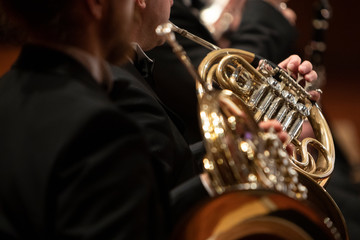A person playing a French horn during a concert