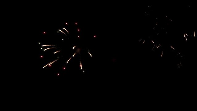 Bright colorful fireworks turn to multicolor bokeh lights at holiday dark summer night.
