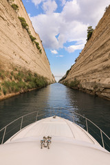 Passing through the Corinth Canal on a yacht from the Saronic Gulf, Aegean Sea to the Corinth Gulf,...