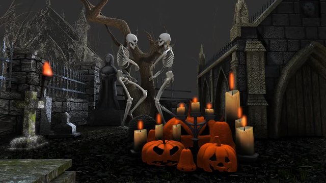 Seamless animation of skeletons dancing salsa in a cemetery at night. Funny halloween background.