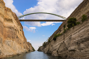 Passing through the Corinth Canal on a yacht from the Saronic Gulf, Aegean Sea to the Corinth Gulf,...