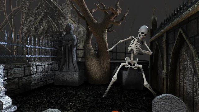 Seamless animation of skeletons dancing salsa in a cemetery at night. Funny halloween background.