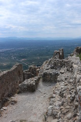 Fototapeta na wymiar Ruins of Villehardouin's Castle in abandoned medieval city of Mystras, Peloponnese, Greece