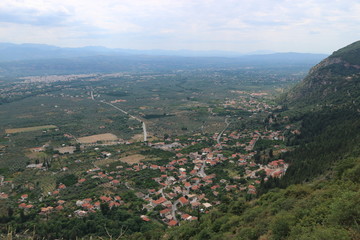 Panorama of village Mystras from Taygetos mountains, Peloponnese, Greece