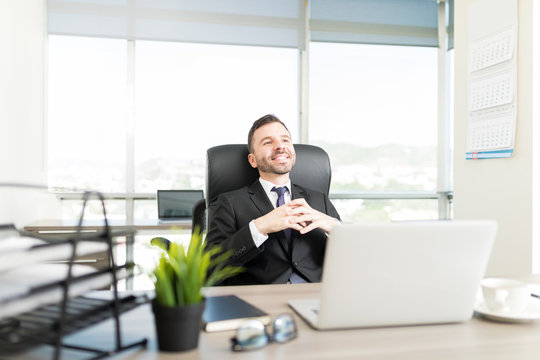 Thoughtful Male Managing Director Smiling At Desk