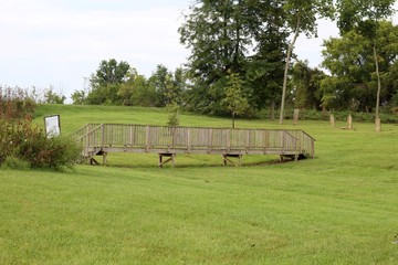 Obraz premium A wooden bridge in the grass landscape of the park.
