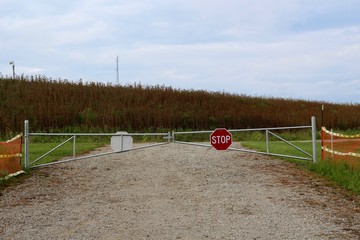 The metal gate across the closed gravel road.