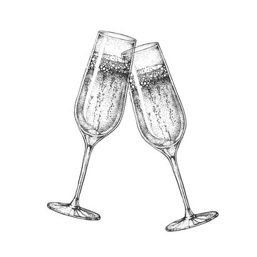 Image Details IST_21848_02125 - Different wine glass. Hand drawn empty  sparkling, champagne and wine glass sketch. Engraving style. Vector  illustration isolated on white background.. Different wine glass. Hand  drawn empty sparkling, champagne