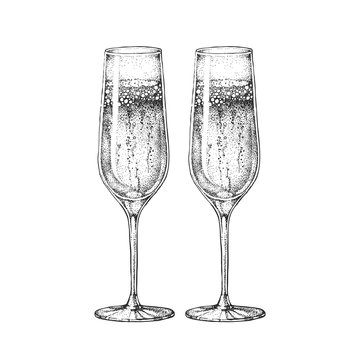 Vector illustration of hand drawing two champagne glasses