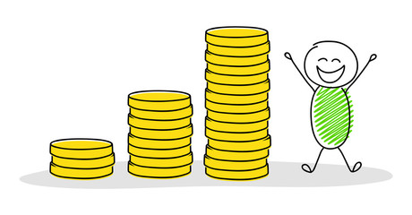 Cartoon businessman showing coin stack graph. Vector. © Karolina Madej