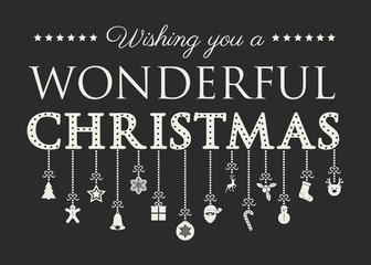 Decorative Christmas text with hanging ornaments. Vector.