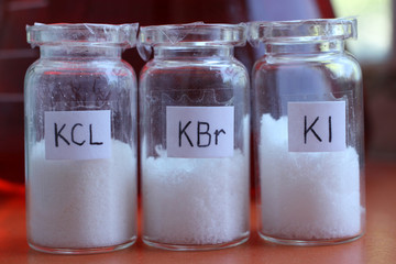 Salts of potassium halides: chloride, iodide bromide. These substances are used in chemistry as reagents and in medecine as medicines.
