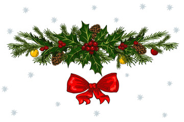 Christmas decor with red bow, pine cones and holly