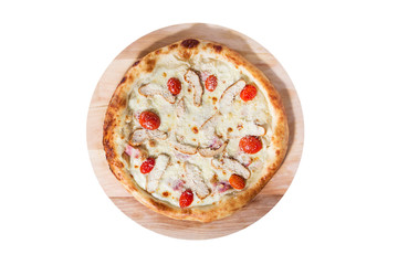 Pizza with cherry tomatoes, cheese, chicken and ham isolated on a white background.