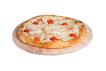 Pizza with cherry tomatoes, cheese, chicken and ham isolated on a white background.