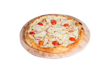 Pizza with cherry tomatoes, cheese, chicken and ham isolated on a white background.