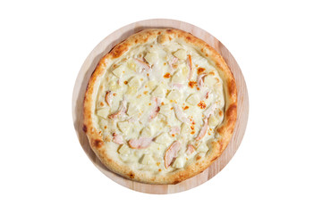 Hawaiian pizza with chiken, pineapple and cheese isolated on a white background.