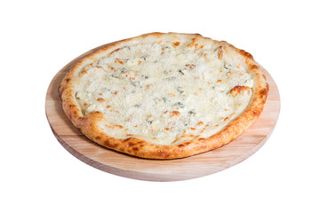 Quaddro formaggi pizza with four cheeses isolated on a white background.