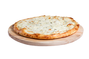 Quaddro formaggi pizza with four cheeses isolated on a white background.