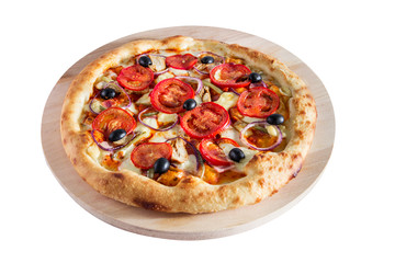 Pizza with tomatoes, olives, ham, onions and cheeseisolated on a white background.