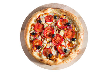 Pizza with tomatoes, olives, ham, onions and cheeseisolated on a white background.