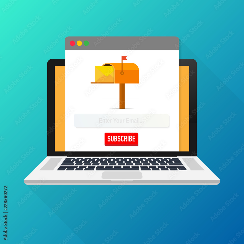 Poster email subscribe, online newsletter vector template with mailbox and submit button on laptop screen.