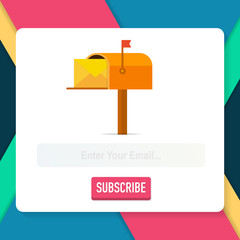 Email subscribe, online newsletter vector template with mailbox and submit button