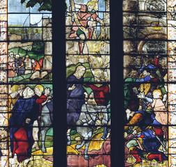 Obraz na płótnie Canvas Interiors of Lichfield Cathedral - Stained Glass in Lady Chapel S2 - The Last Supper, The Entry into Jerusalem Close up B