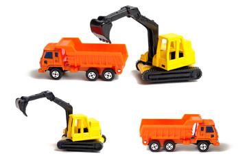 Yellow crawler excavator and orange dump truck isolated on white background. Plastic children's toy on a white background. Construction equipment. Children's toy.