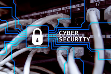 Cyber security, information privacy and data protection concept on server room background.