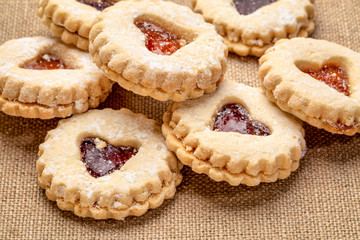 jam heart biscuits on burlap canvas