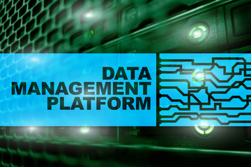 Data management and analysis platform concept on server room background.