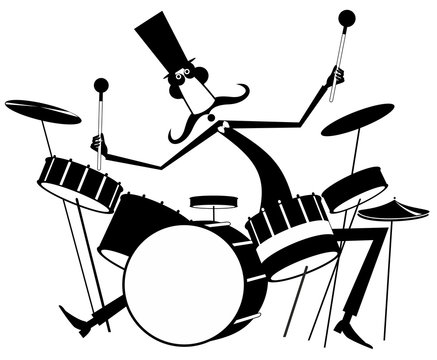 Funny mustache drummer isolated illustrationю Mustache man in the top hat plays on drum kit black on white illustration
