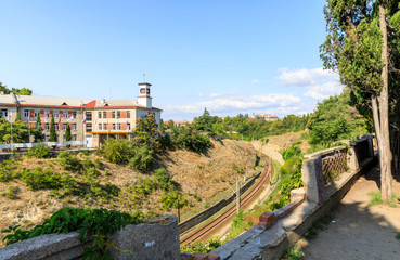 Fototapeta na wymiar City railway tunnel. Railway junction near the station in Sevastopol