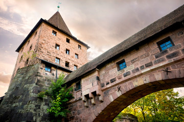 Fototapeta na wymiar Nuremberg, Schlayer Hallergate Bridge over the Pegnitz River. Franconia, Germany