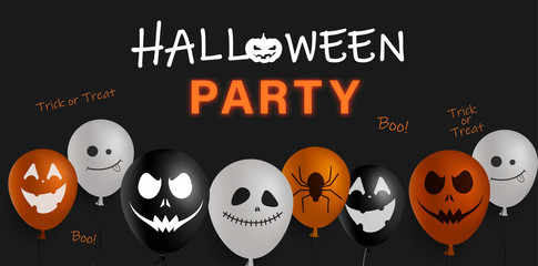 Halloween party. Black background with balloons with scary faces.