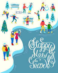 Happy New Year card with people spend holidays in winter park.