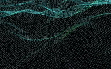 Abstract landscape background. Cyberspace green grid. Hi-tech network. 3D illustration