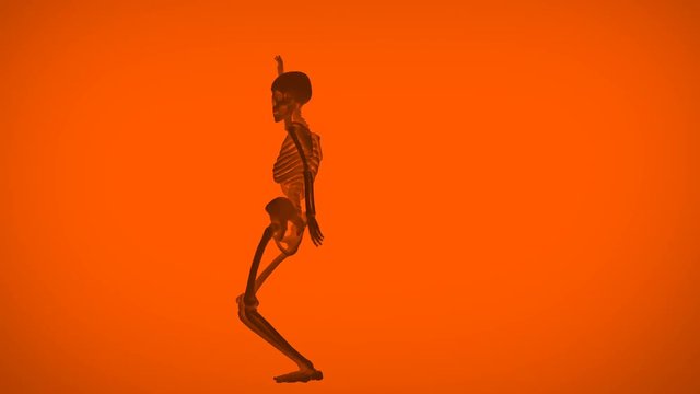 Orange seamless animation of a skeleton with a sensual dance. Funny halloween background.