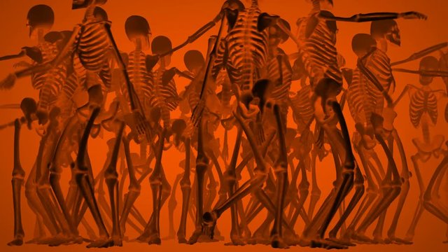 Orange seamless animation of skeletons with a sensual dance. Funny halloween background.